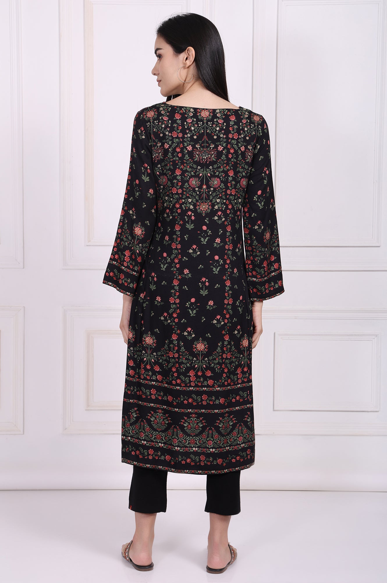 Black Floral Printed Embroidered Straight Kurta