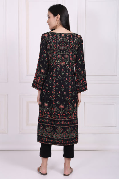Black Floral Printed Embroidered Straight Kurta