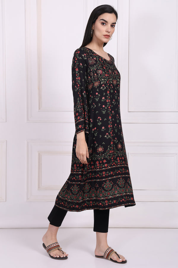 Black Floral Printed Embroidered Straight Kurta