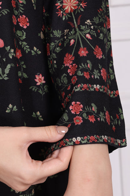 Black Floral Printed Embroidered Straight Kurta