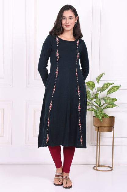 Navy Blue Thread Embroidered Acrylic Flared A-line Kurta