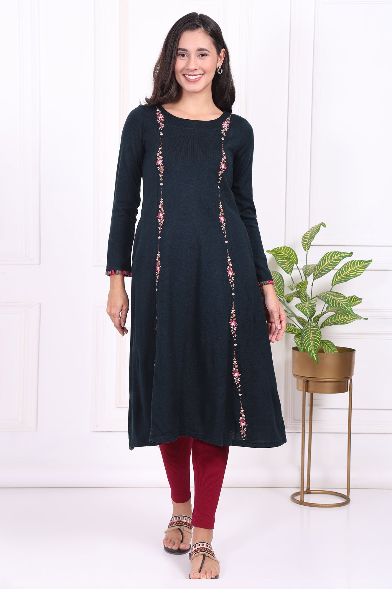 Navy Blue Thread Embroidered Acrylic Flared A-line Kurta
