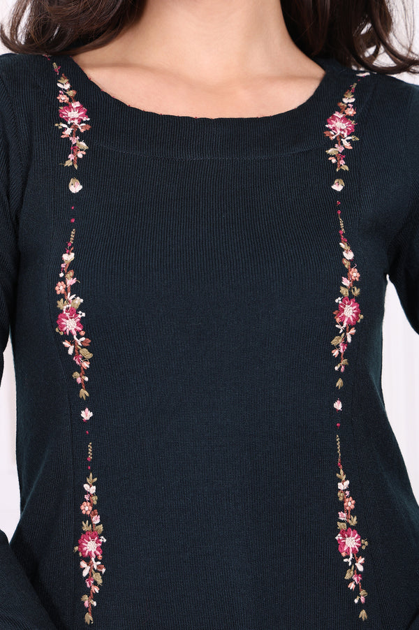 Navy Blue Thread Embroidered Acrylic Flared A-line Kurta