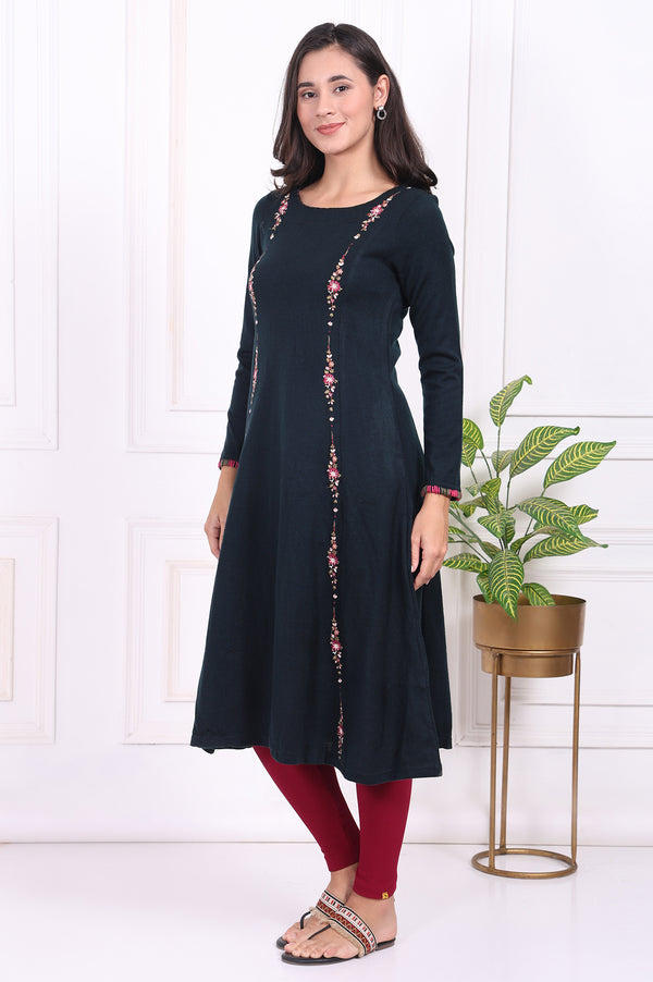 Navy Blue Thread Embroidered Acrylic Flared A-line Kurta