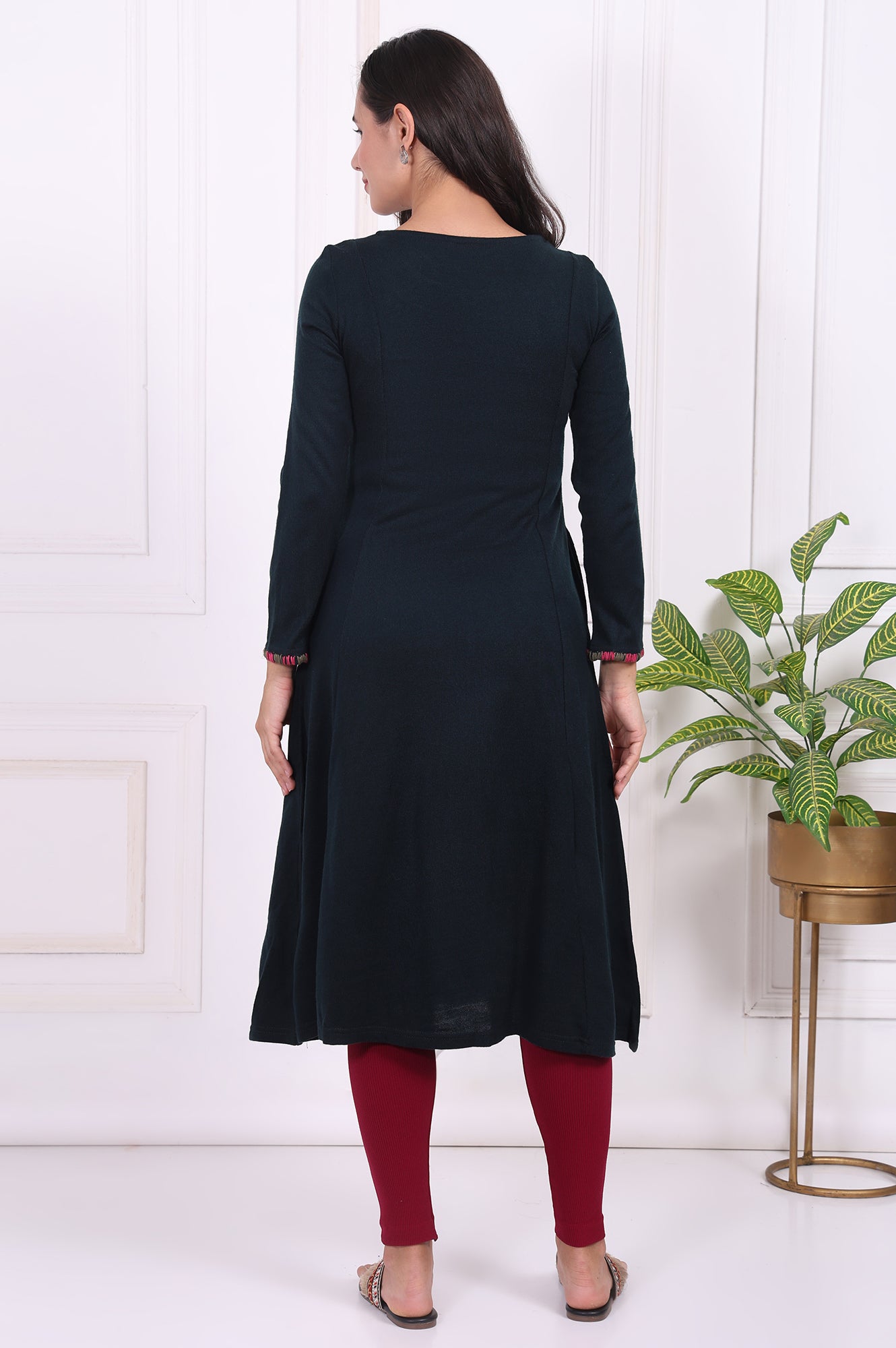 Navy Blue Thread Embroidered Acrylic Flared A-line Kurta