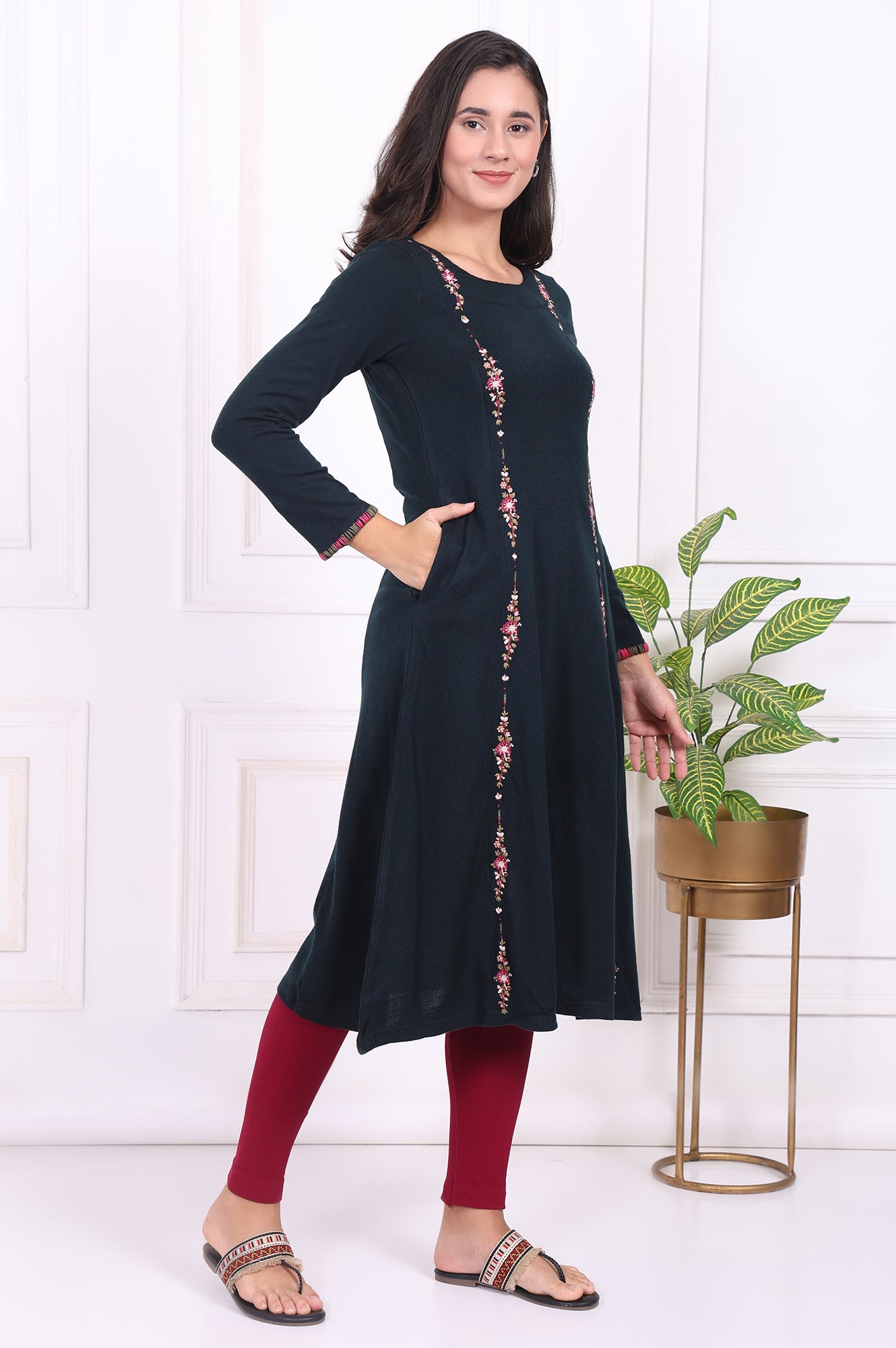 Navy Blue Thread Embroidered Acrylic Flared A-line Kurta