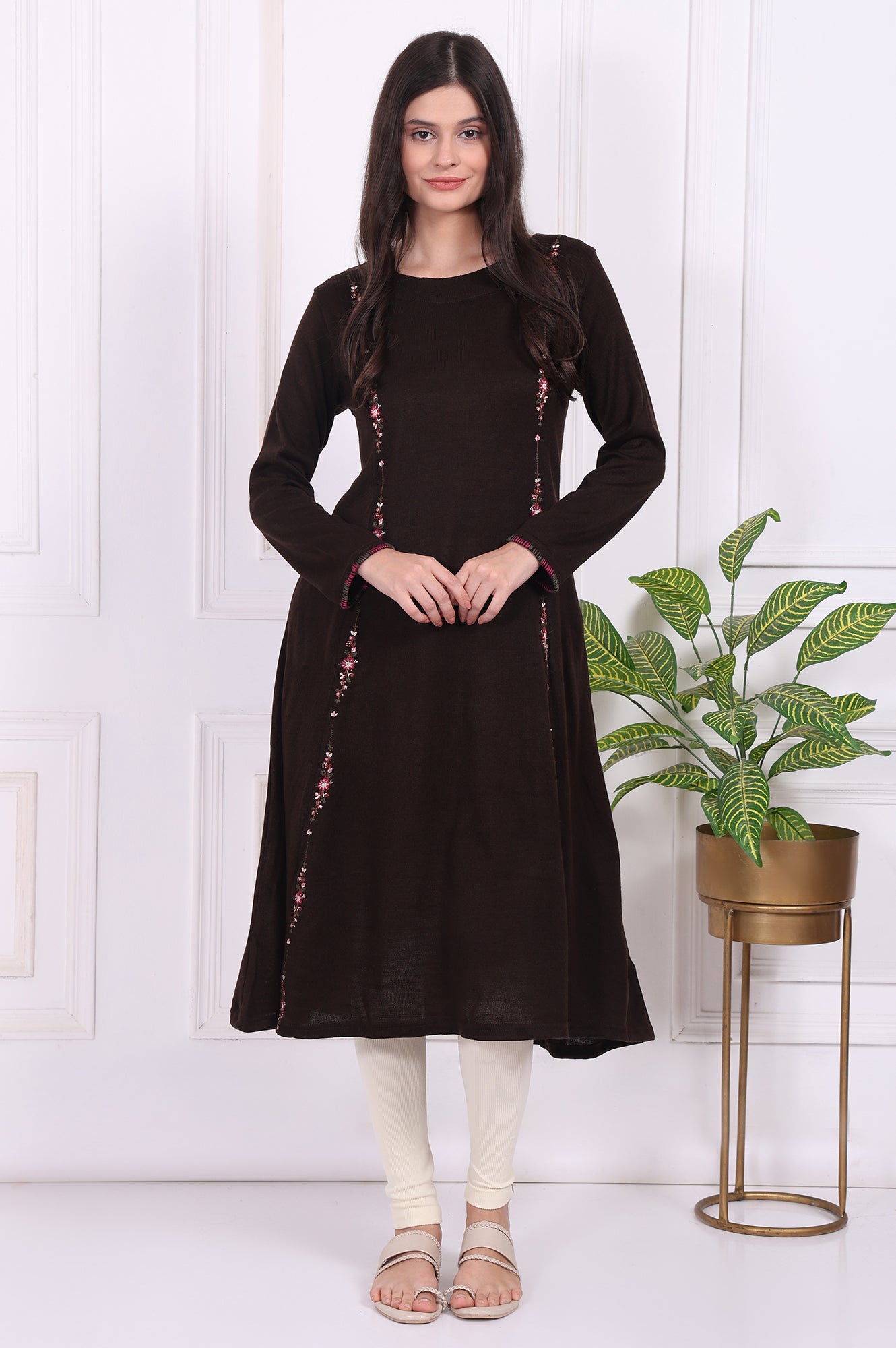 Brown Thread Embroidered Acrylic Flared A-line Kurta