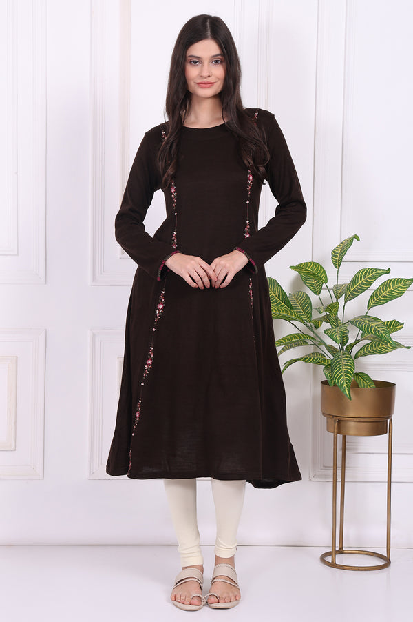 Brown Thread Embroidered Acrylic Flared A-line Kurta