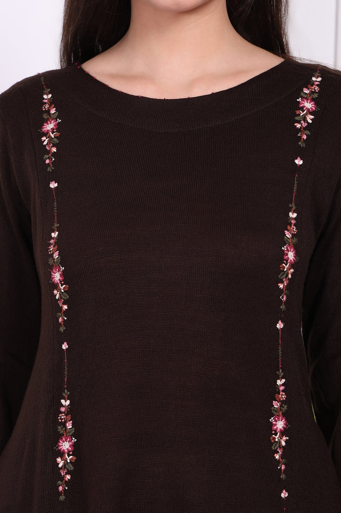 Brown Thread Embroidered Acrylic Flared A-line Kurta