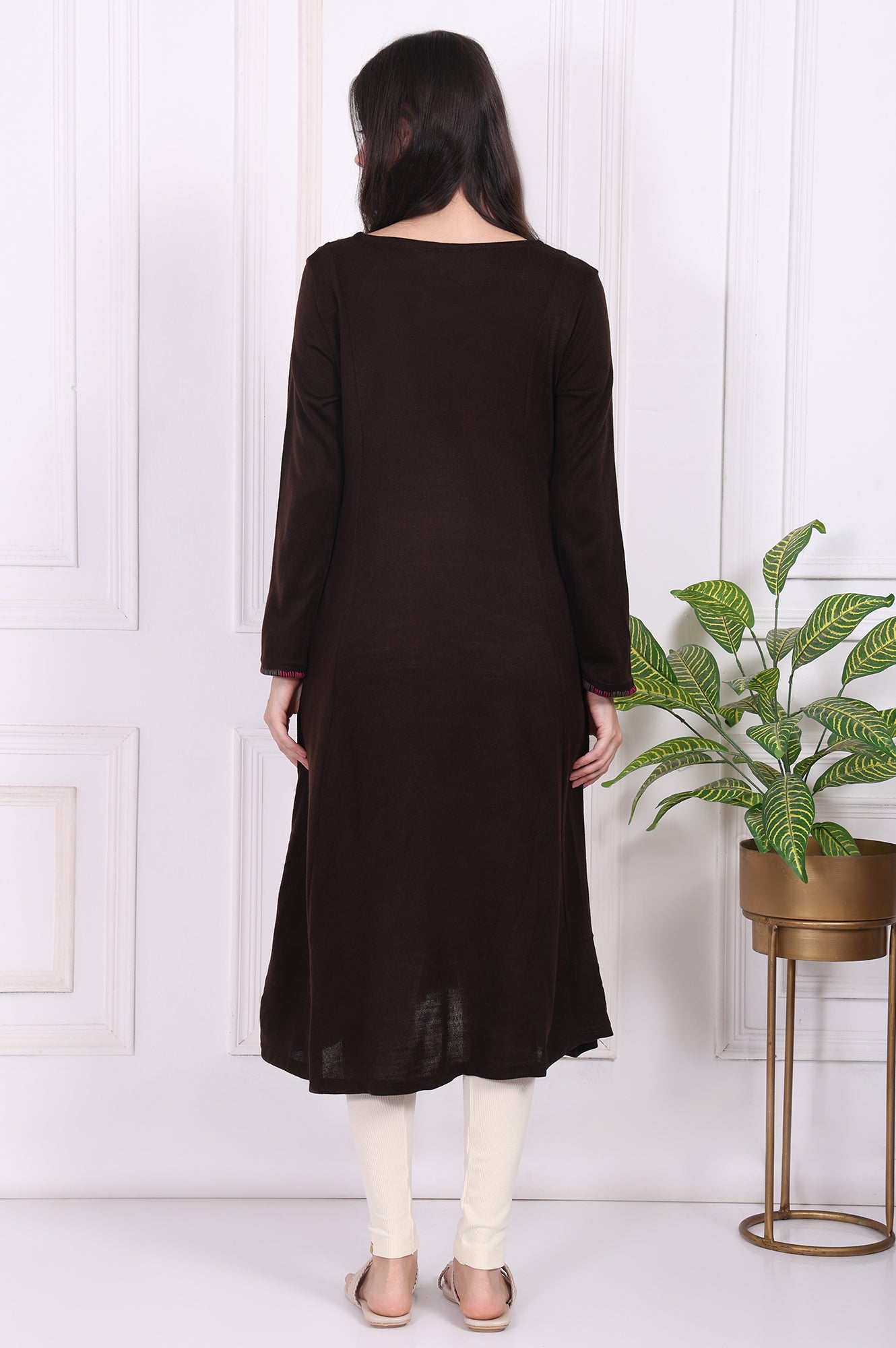 Brown Thread Embroidered Acrylic Flared A-line Kurta