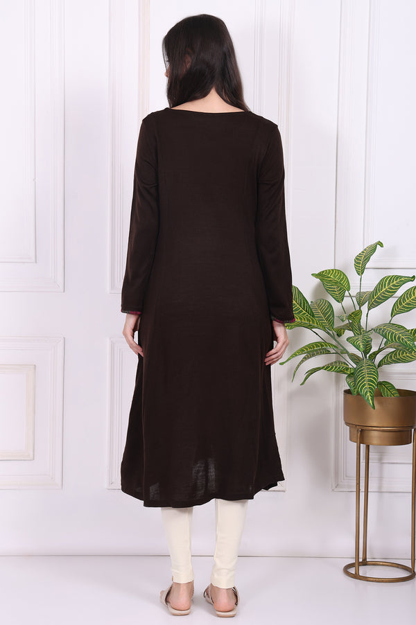 Brown Thread Embroidered Acrylic Flared A-line Kurta
