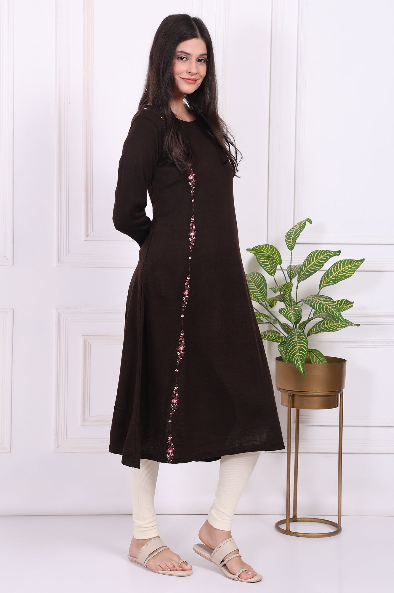 Brown Thread Embroidered Acrylic Flared A-line Kurta