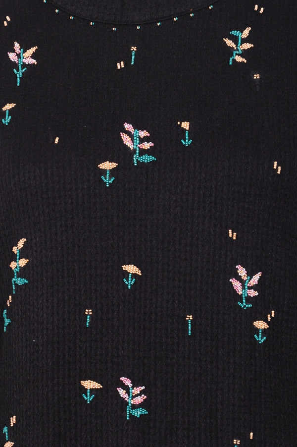 Black Yarn Dyed Embroidered Rayon Blend A-line Winter Dress