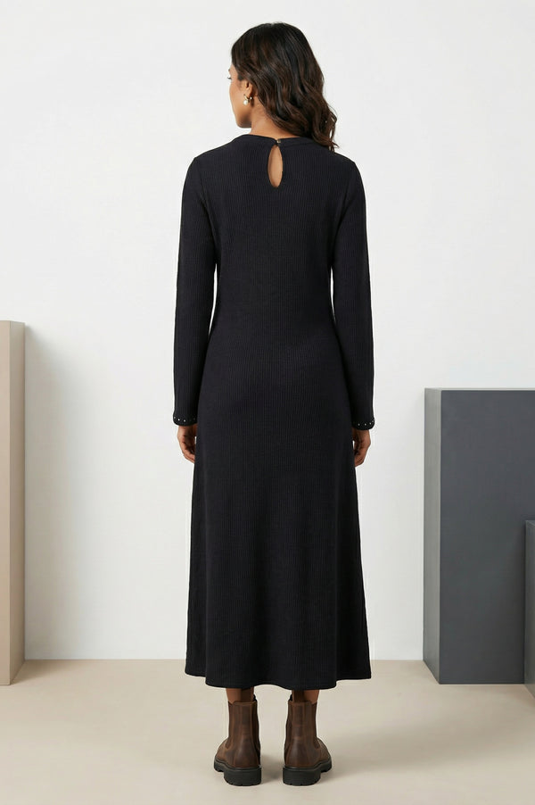 Black Yarn Dyed Embroidered Rayon Blend A-line Winter Dress