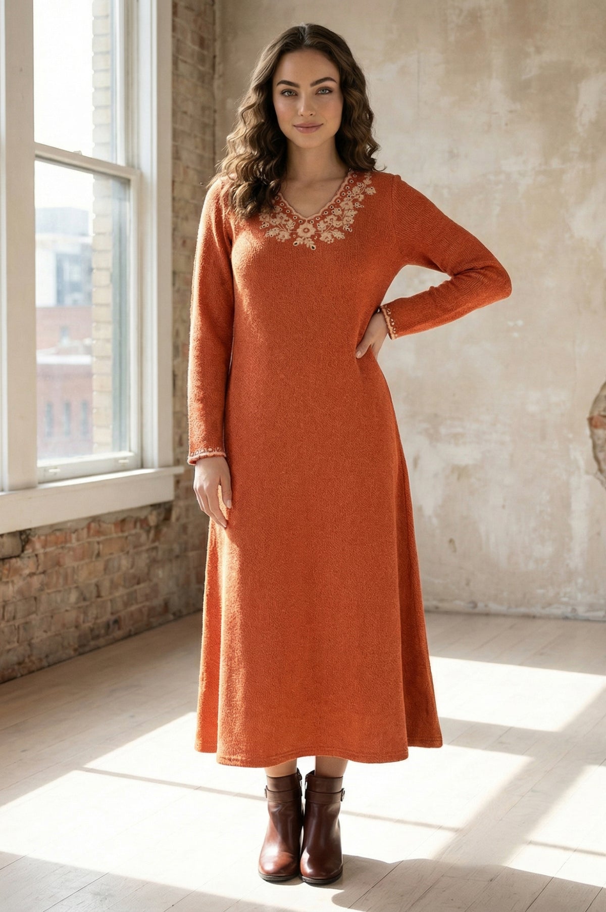 Orange Embroidered A-line Winter Dress - XS