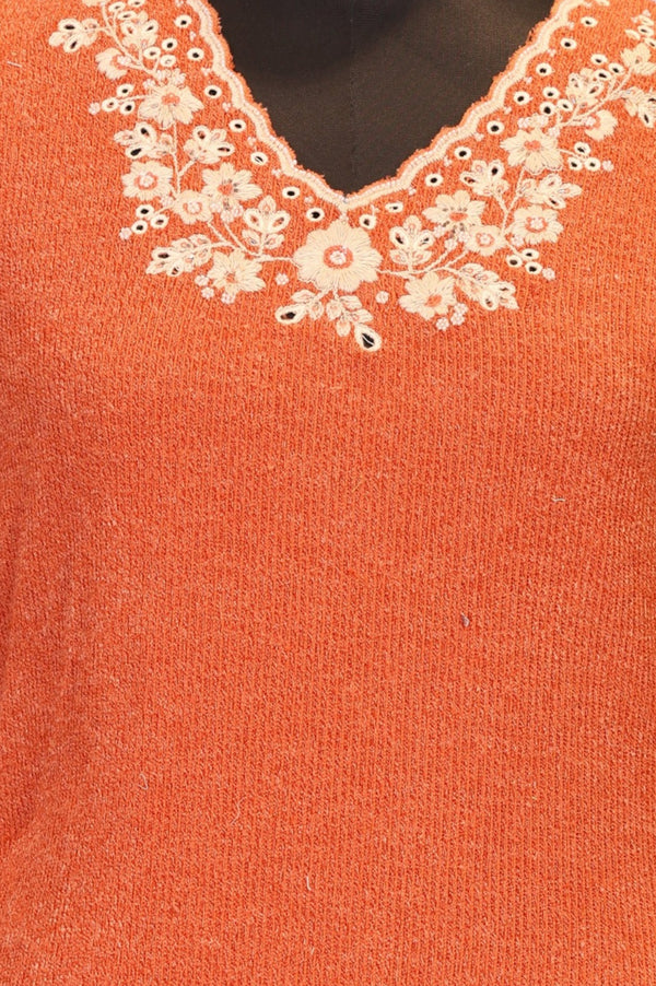 Orange Embroidered A-line Winter Dress