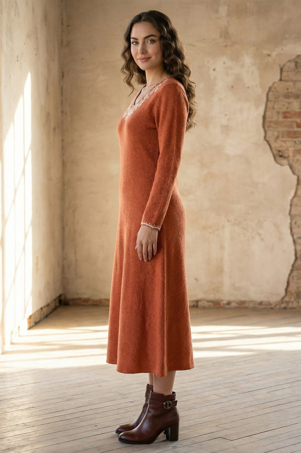 Orange Embroidered A-line Winter Dress