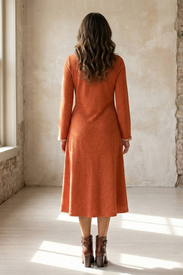 Orange Embroidered A-line Winter Dress