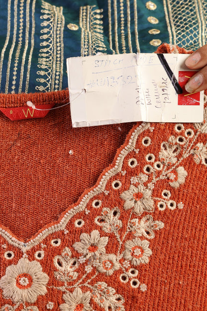 Orange Embroidered A-line Winter Dress