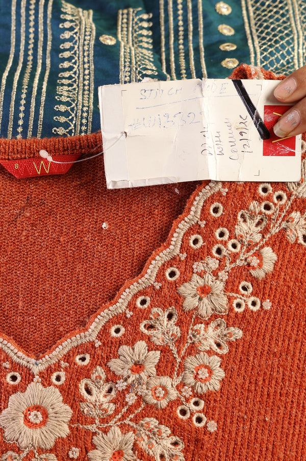 Orange Embroidered A-line Winter Dress
