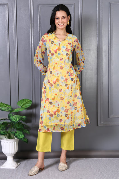 Yellow Floral Printed Lace Chiffon A-line Kurta