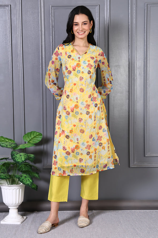 Yellow Floral Printed Lace Chiffon A-line Kurta