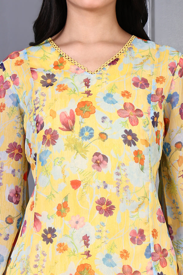 Yellow Floral Printed Lace Chiffon A-line Kurta