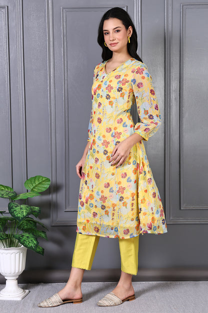 Yellow Floral Printed Lace Chiffon A-line Kurta