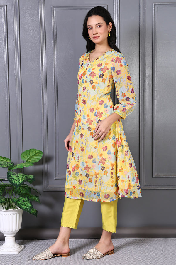 Yellow Floral Printed Lace Chiffon A-line Kurta