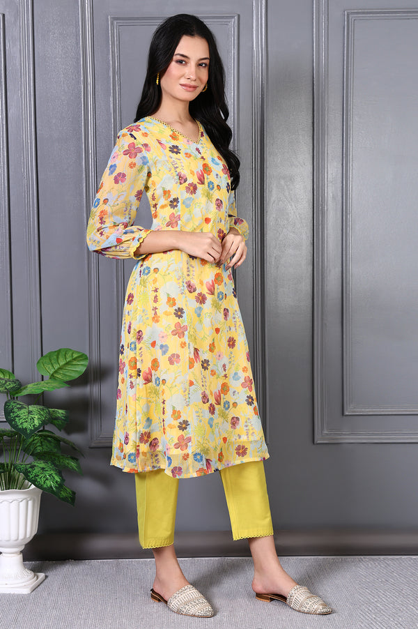 Yellow Floral Printed Lace Chiffon A-line Kurta