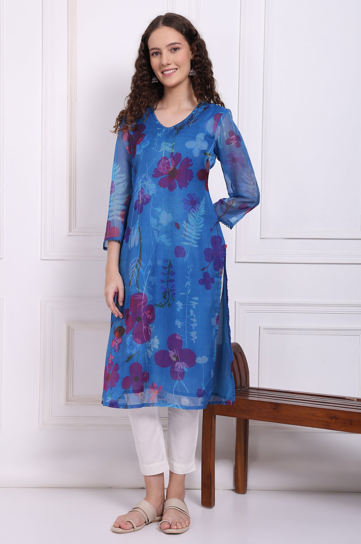 Cobalt Blue Floral Printed Organza Straight Kurta with Lace - XS