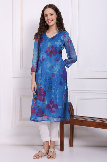 Cobalt Blue Floral Printed Organza Straight Kurta with Lace
