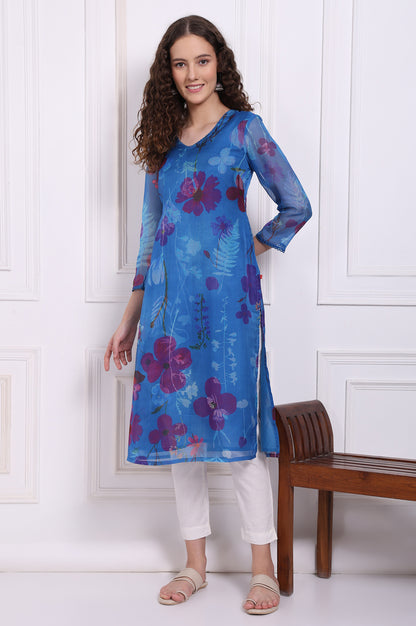 Cobalt Blue Floral Printed Organza Straight Kurta with Lace