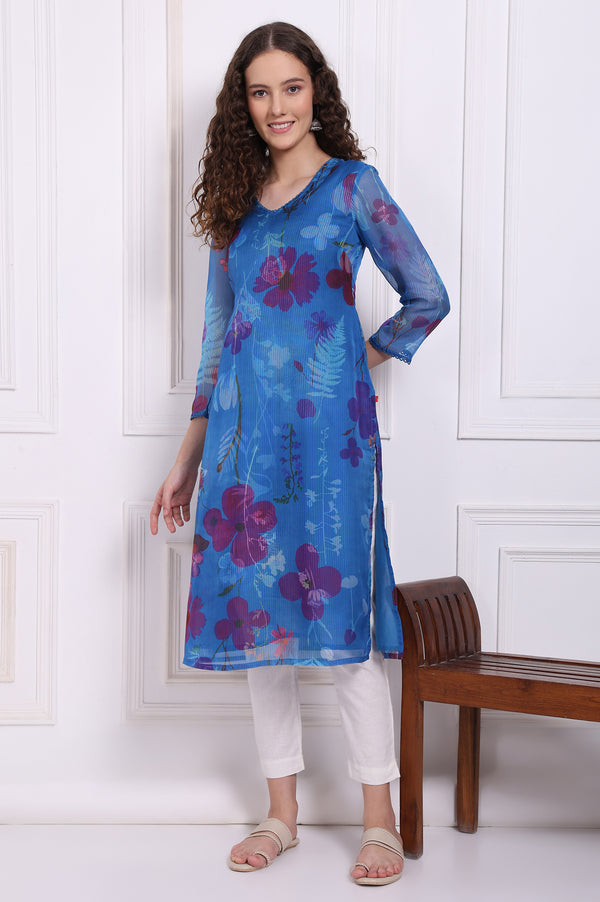 Cobalt Blue Floral Printed Organza Straight Kurta with Lace