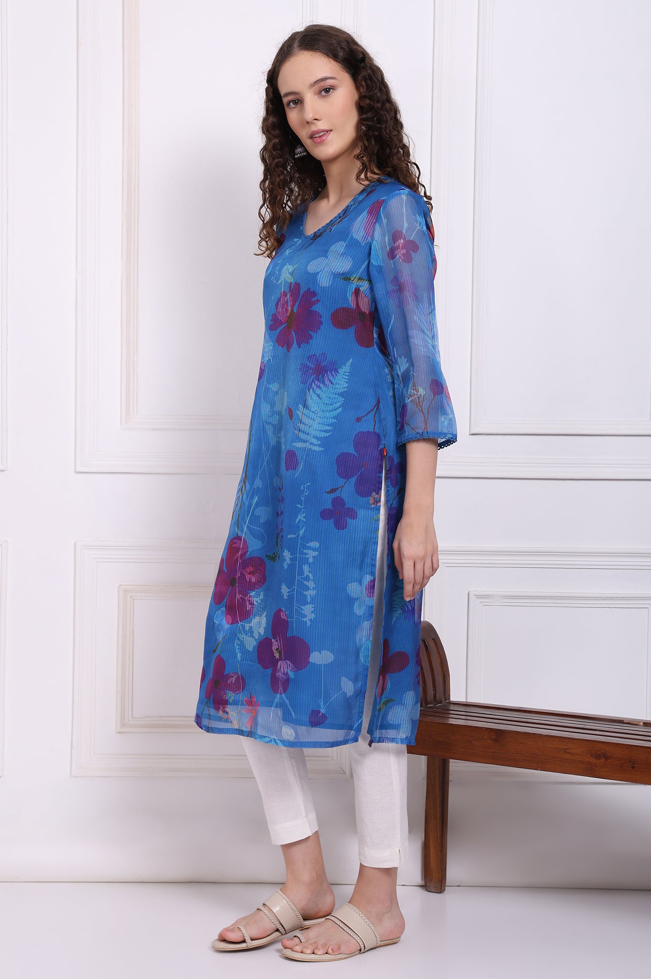 Cobalt Blue Floral Printed Organza Straight Kurta with Lace