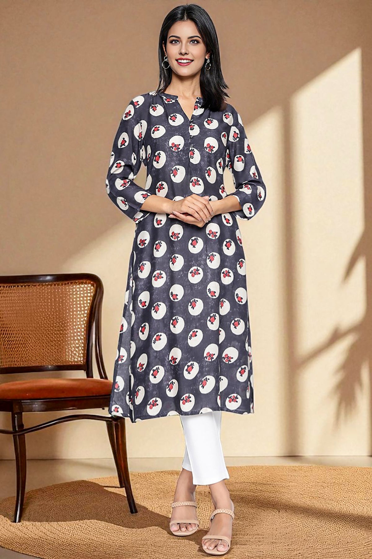 Charcoal Grey Printed Modal Straight Kurta - XS