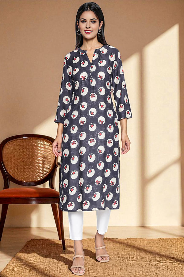 Charcoal Grey Printed Modal Straight Kurta