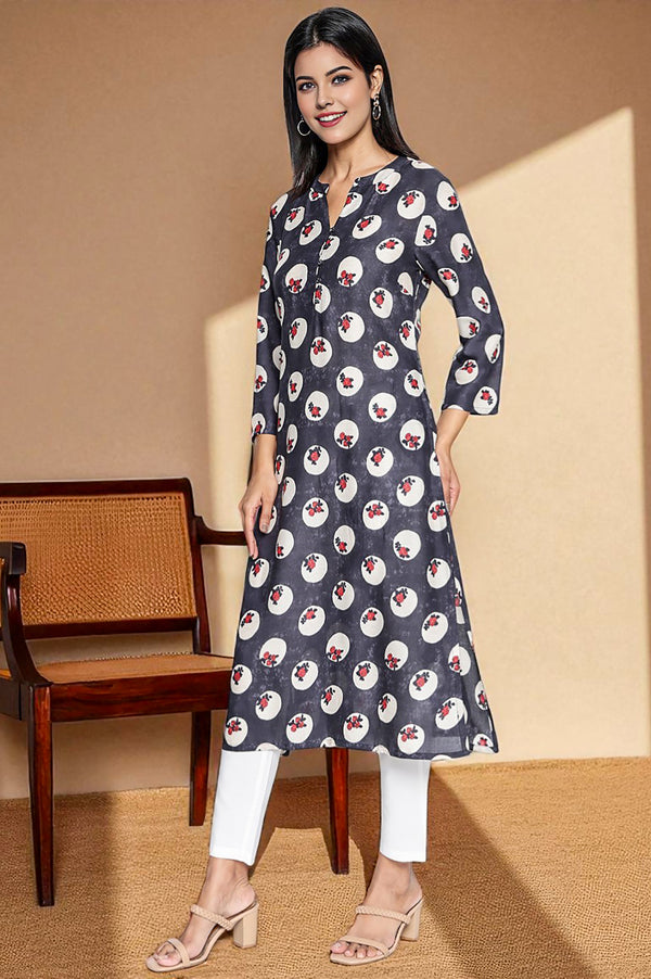 Charcoal Grey Printed Modal Straight Kurta