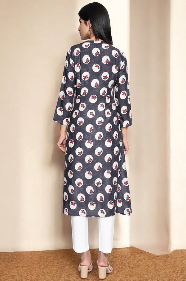 Charcoal Grey Printed Modal Straight Kurta
