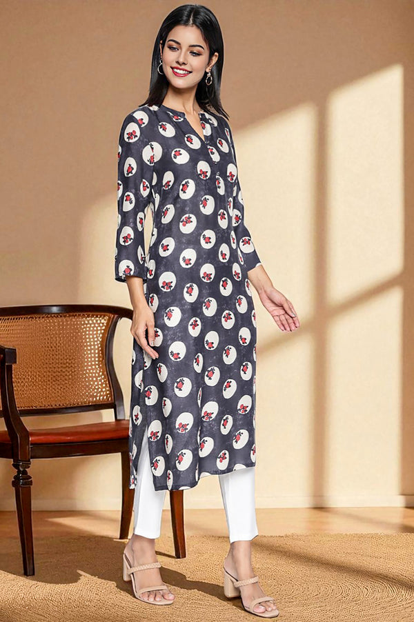 Charcoal Grey Printed Modal Straight Kurta