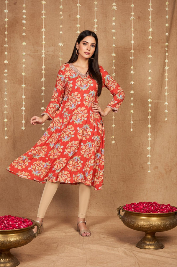 Red Floral Embroidered Flared Rayon Kurta
