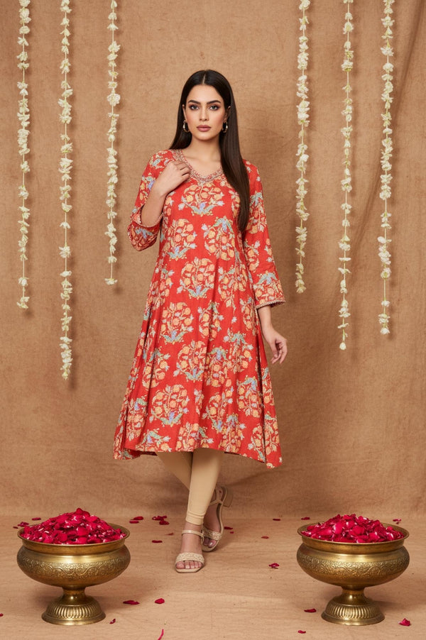 Red Floral Embroidered Flared Rayon Kurta