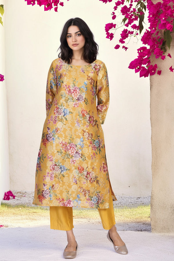 Yellow Floral Print Tape Straight Jacquard Kurta