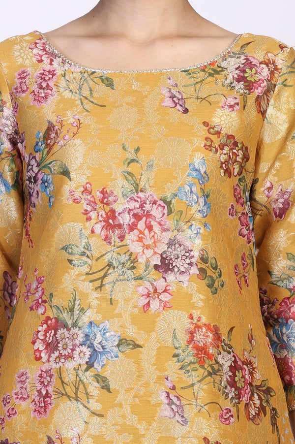Yellow Floral Print Tape Straight Jacquard Kurta