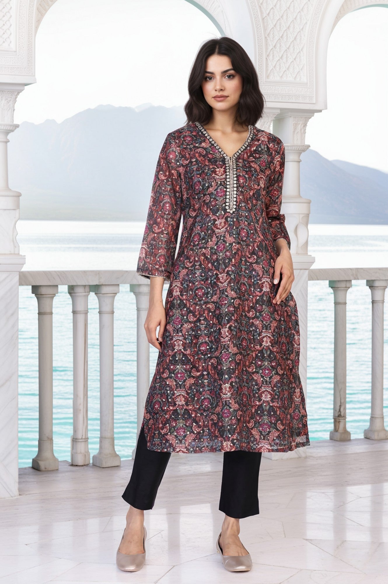 Black Floral Print Metallic Embroidery Straight Kota Kurta