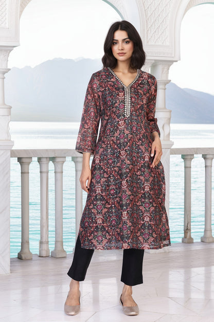 Black Floral Print Metallic Embroidery Straight Kota Kurta