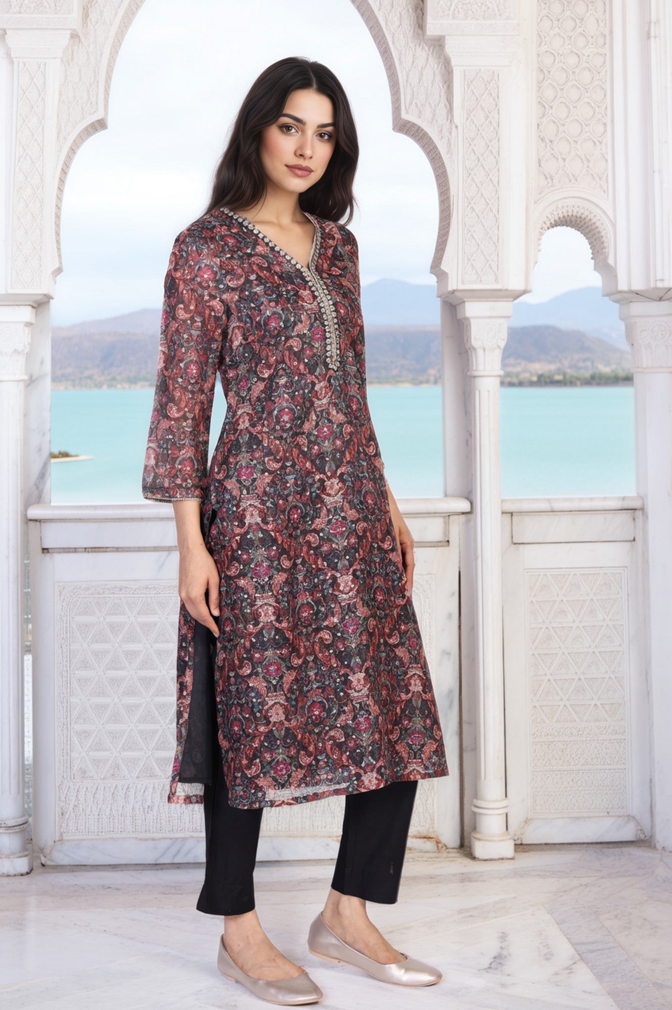 Black Floral Print Metallic Embroidery Straight Kota Kurta