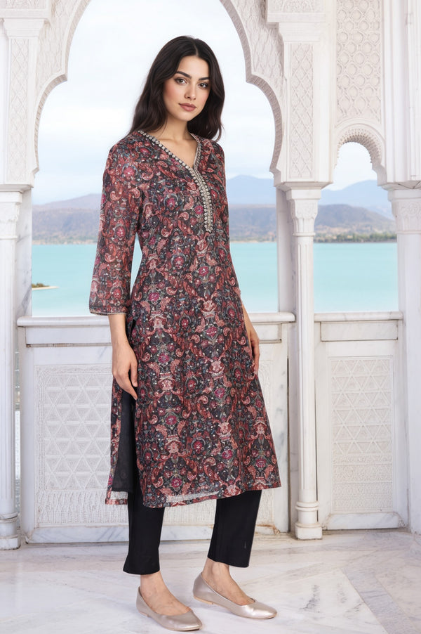 Black Floral Print Metallic Embroidery Straight Kota Kurta