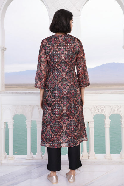 Black Floral Print Metallic Embroidery Straight Kota Kurta