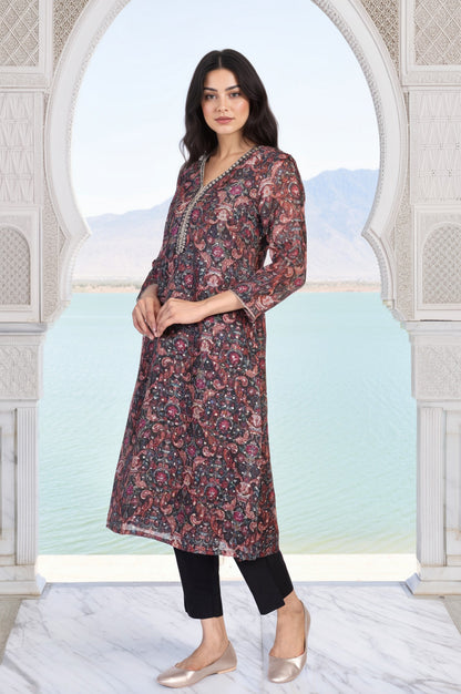 Black Floral Print Metallic Embroidery Straight Kota Kurta